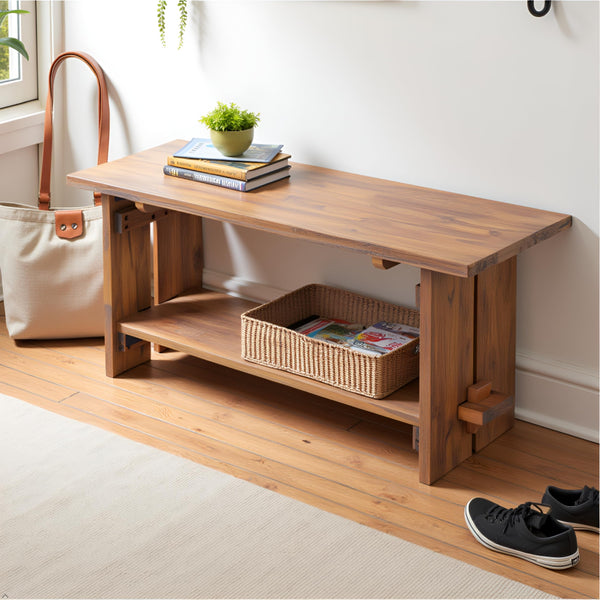 40" Entryway Bench with Storage Shelf – Solid Acacia Wood