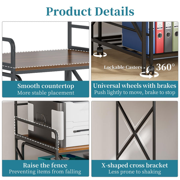 Large Printer Stand with 3-Tier Storage Shelf and Wheels