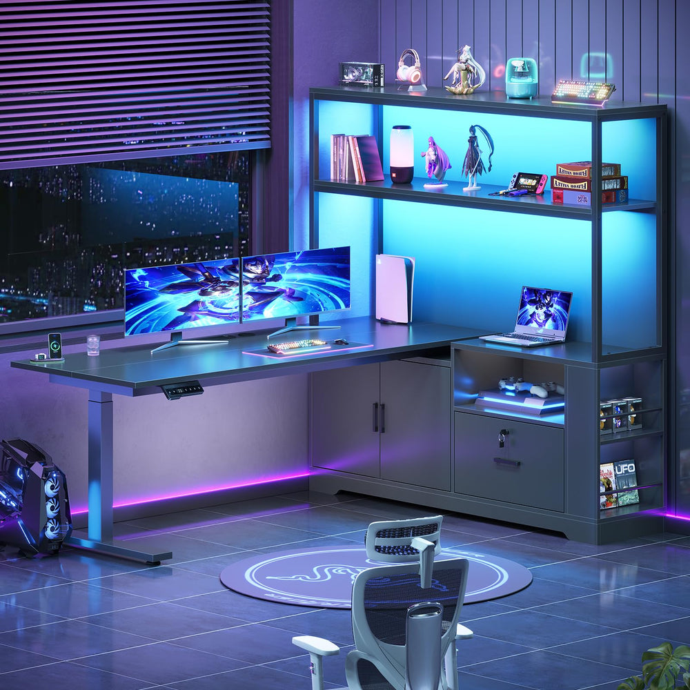 L-Shaped Electric Standing Desk with Storage