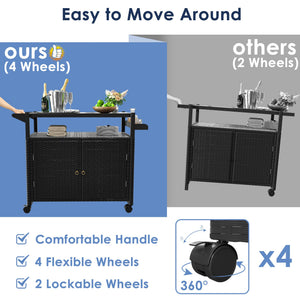 Outdoor Wicker Bar Cart with Cabinet & Tempered Glass Top