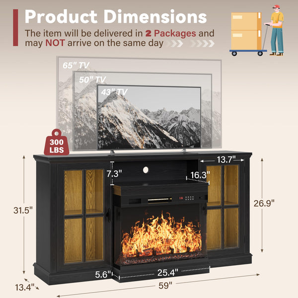 Fireplace TV Stand with 3-Sided Glass & LED Lights