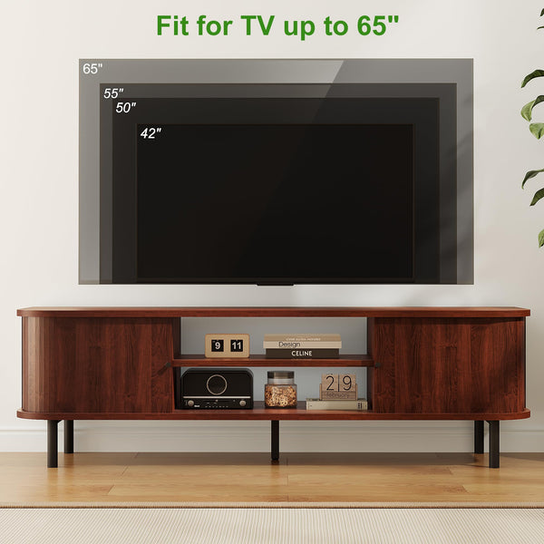 Mid-Century TV Stand with Sliding Doors & Hidden Storage