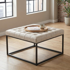 Square Tufted Ottoman with Metal Base