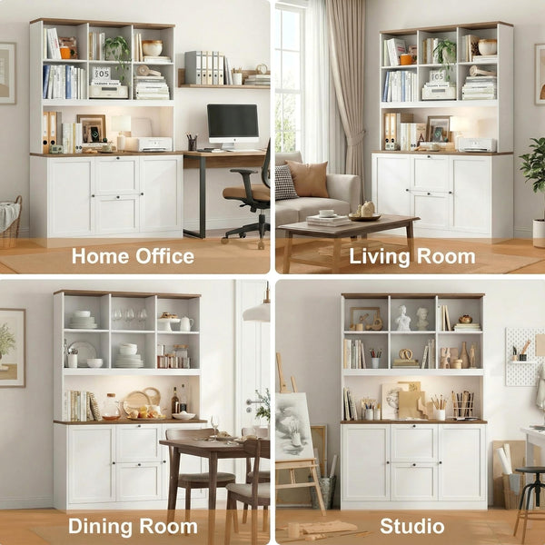 72-Inch Tall Bookcase with Power Outlet, File Drawers & Cabinet Doors