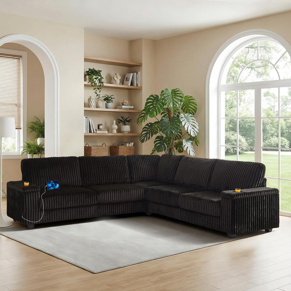L-Shaped Corduroy Sectional Sofa with USB Charging & Storage
