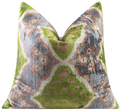 Velvet Throw Pillow – 20x20 Ikat Pattern | Green, Gray & Beige
