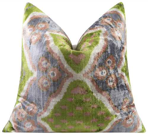 Velvet Throw Pillow – 20x20 Ikat Pattern | Green, Gray & Beige