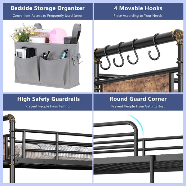 Twin Over Twin Metal Bunk Bed with LED Lights, Storage Drawers & USB Charging