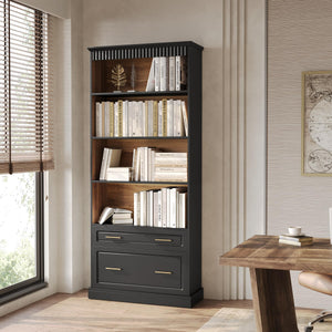 72-Inch Tall Narrow Bookshelf with 2 Drawers, 5-Tier Floor Standing Bookcase