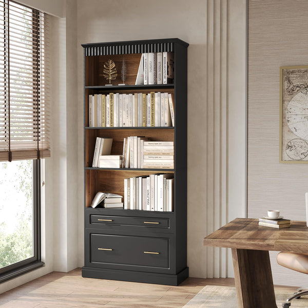 72-Inch Tall Narrow Bookshelf with 2 Drawers, 5-Tier Floor Standing Bookcase