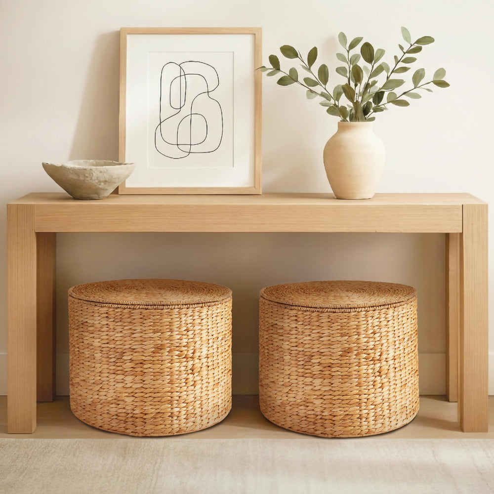 Round Water Hyacinth Storage Ottoman with Lid