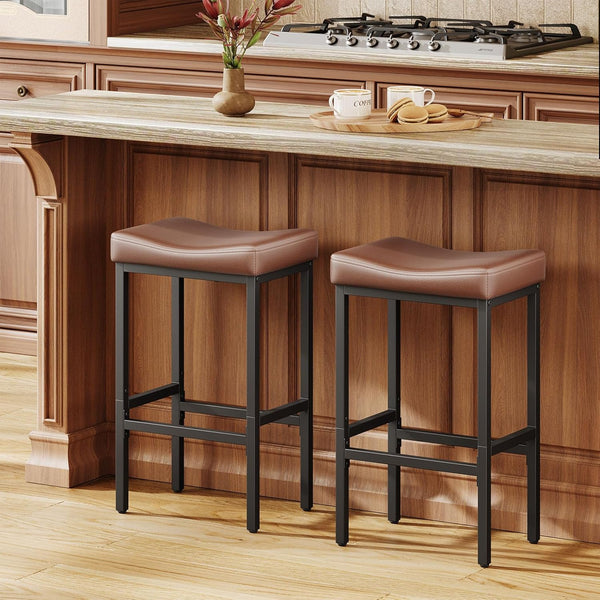 24" Counter Height Bar Stools – Faux Leather Saddle Seat, Metal Legs