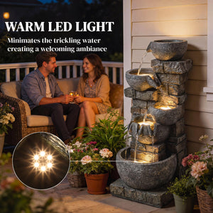 Outdoor Water Fountain with LED Lights – 5-Tier Cascading Waterfall, 31.5" Tall, Stone Gray