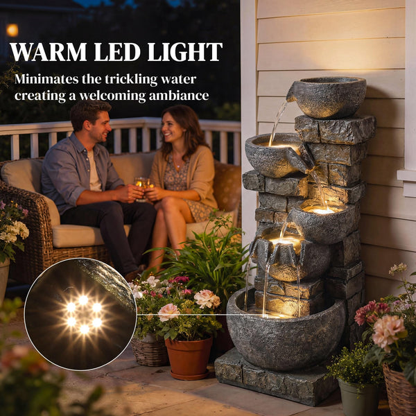 Outdoor Water Fountain with LED Lights – 5-Tier Cascading Waterfall, 31.5" Tall, Stone Gray