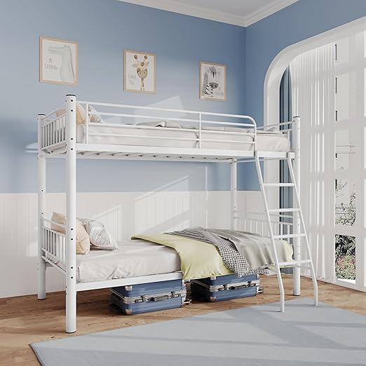Metal Twin Over Full Bunk Bed with Stairs and Guardrails