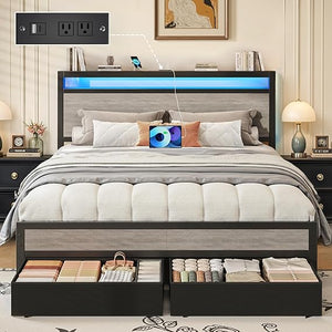 Metal Bed Frame with Storage Headboard, LED Lights & Charging Station