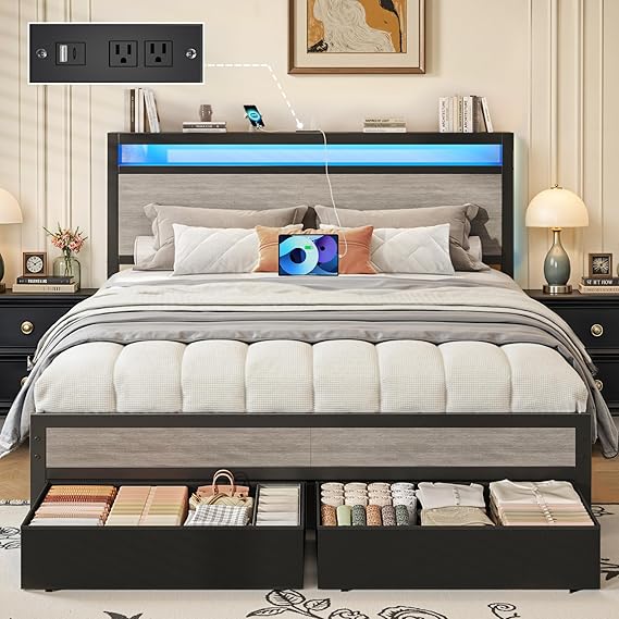 Metal Bed Frame with Storage Headboard, LED Lights & Charging Station
