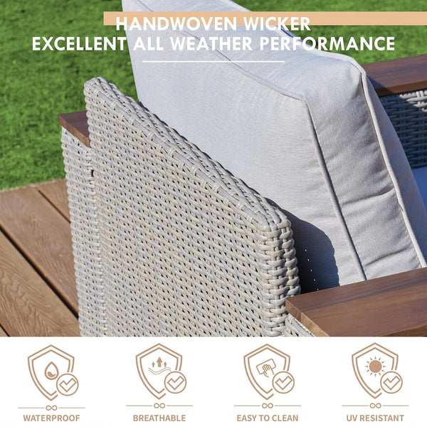 Outdoor Wicker Patio Sectional Sofa Set with Wood Armrests