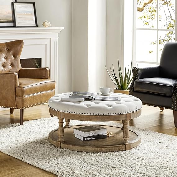 Round Tufted Ottoman with Storage Shelf