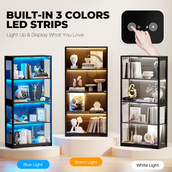 4-Tier Glass Display Cabinet with LED Lights & Motion Sensor