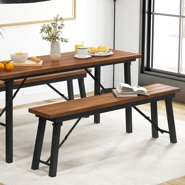 Folding Outdoor Bench Set of 2 – Acacia Wood & Metal