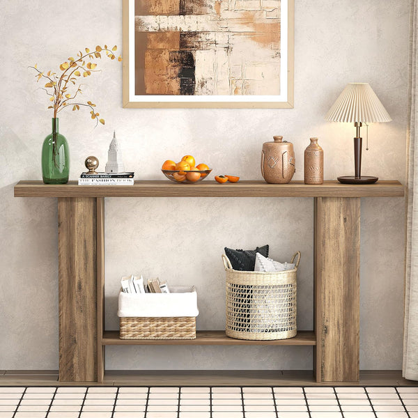 53-Inch 2-Tier Farmhouse Console Table with Side Shelves