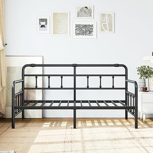 Metal Twin Daybed Frame with Modern Headboard and Steel Slats