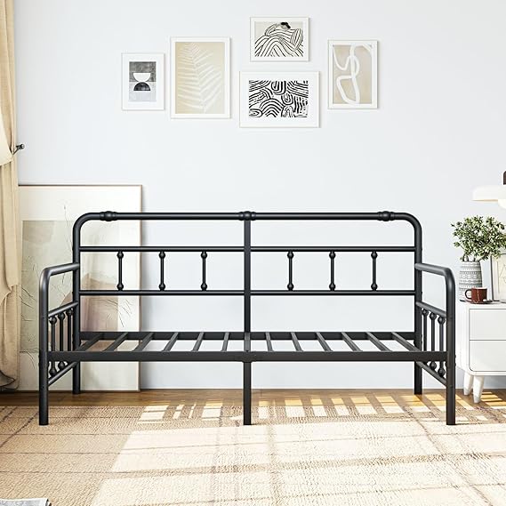 Metal Twin Daybed Frame with Modern Headboard and Steel Slats