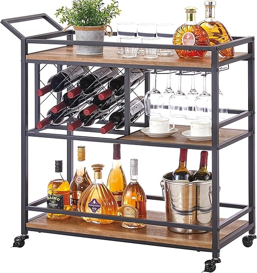 Rolling Bar Cart with Wine Rack & Stemware Holder