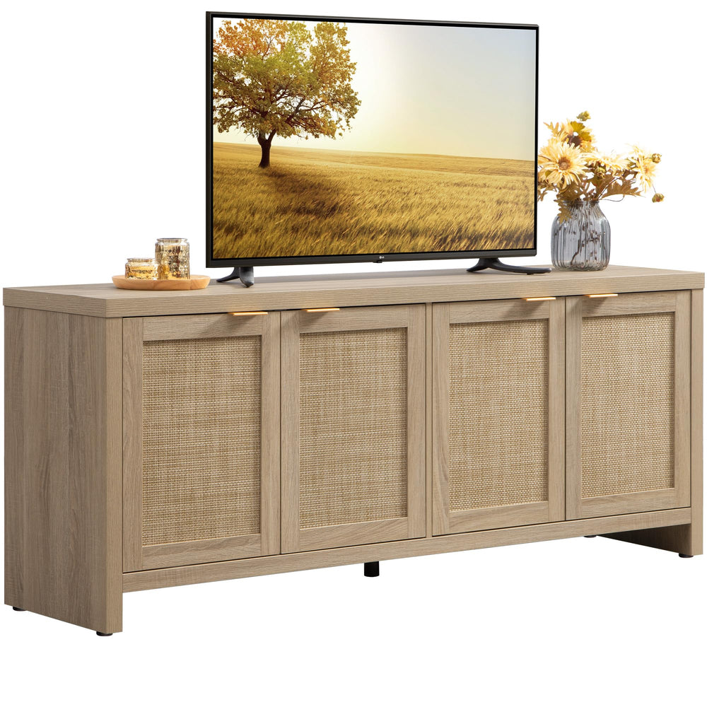 Boho TV Stand with 4 Rattan Cabinets – Farmhouse Entertainment Center, Fits TVs up to 65 Inch