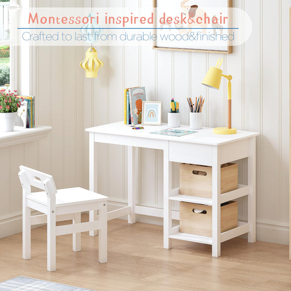 Kids Desk & Chair Set – Wooden Study Table with Drawer & Shelves, Ages 3–8