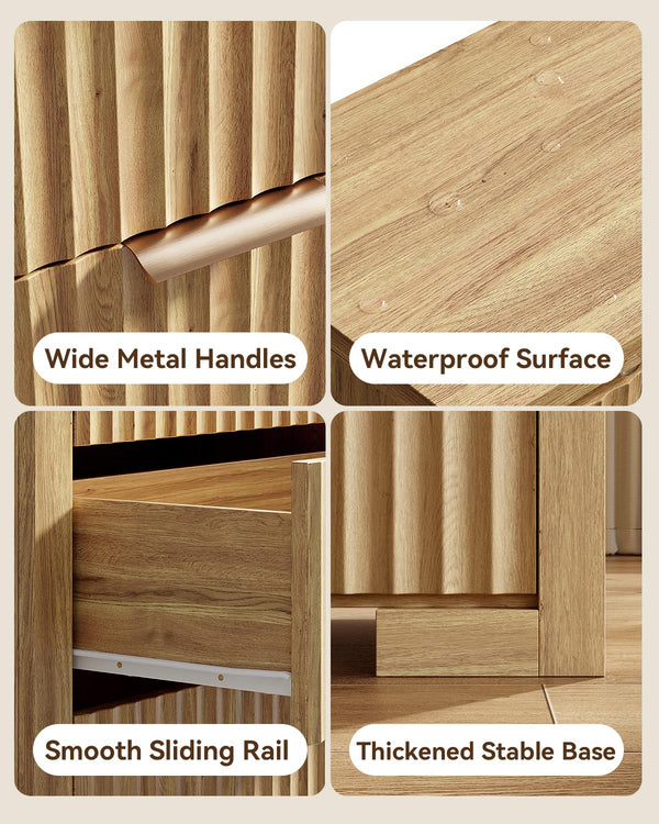 Fluted Nightstand with Charging Station & 3 Drawers – Natural Oak