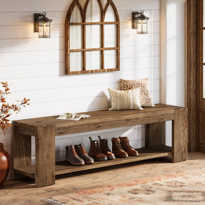 Solid Wood Entryway Bench with Storage Shelf, 55-Inch