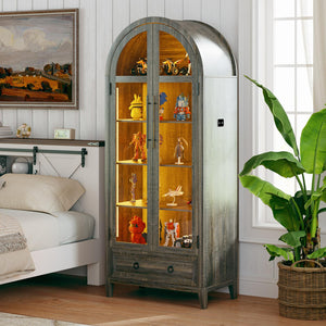 Arch Display Cabinet with Glass Doors, LED Lights & Drawer – 73" Tall