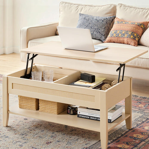 Rattan Lift Top Coffee Table with Hidden Compartment & Storage Shelf