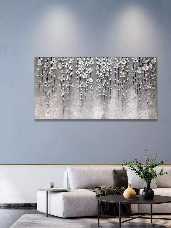 Abstract Oil Painting on Canvas – Silver Flower Wall Art