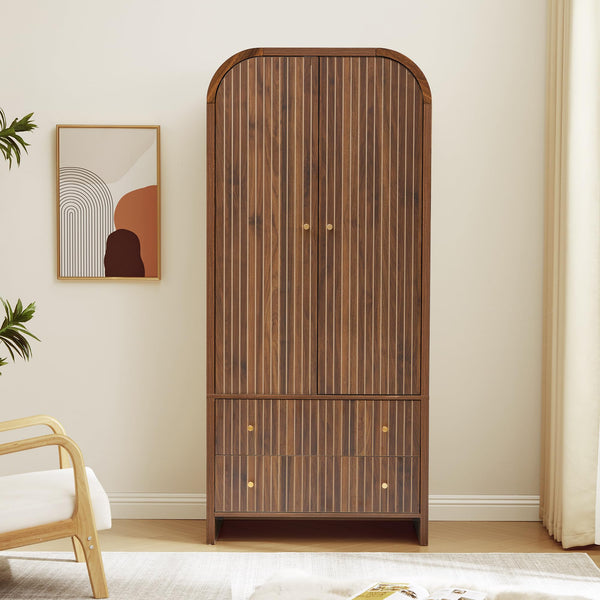 Arched Armoire Wardrobe Closet with Fluted Doors, Hanging Rod & 2 Drawers