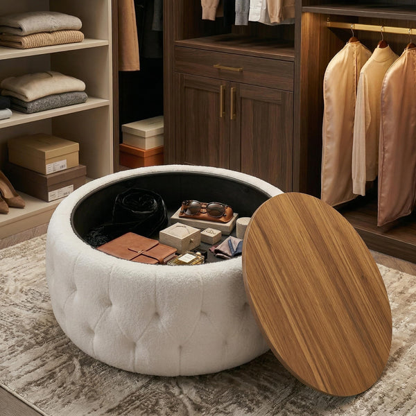 Round Storage Ottoman with Wooden Tabletop