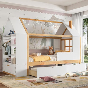 Twin Size House Platform Bed with Storage Drawers, Wardrobe & Shelves