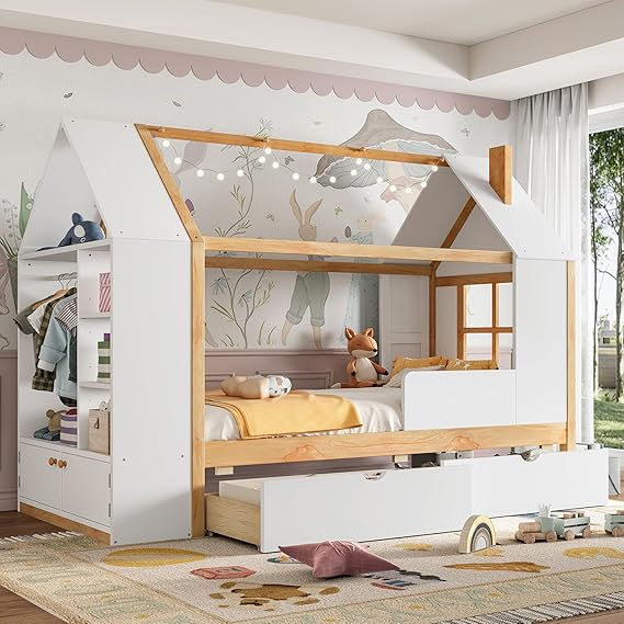 Twin Size House Platform Bed with Storage Drawers, Wardrobe & Shelves