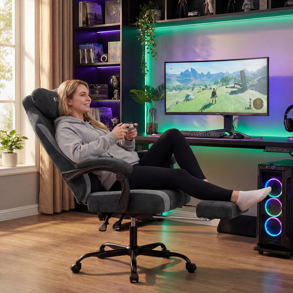 SUKIDA Fabric Video Gaming Chair, Ergonomic High-Back Computer Game Chairs with Large Massage Adjustable Lumbar Support, Headrest and Linked Armrests for Long Hours Sitting Task Chair, Black