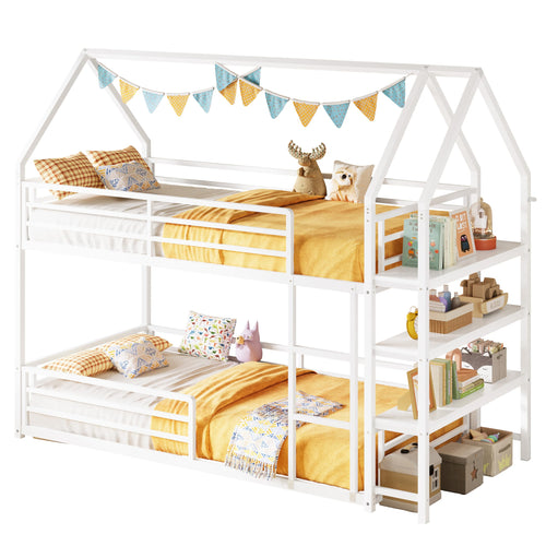 Twin Over Twin House Bunk Bed with Storage Shelf