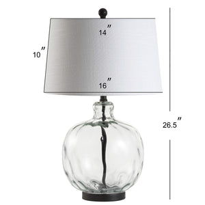 Clear Glass and Black Metal LED Table Lamp with White Linen Shade