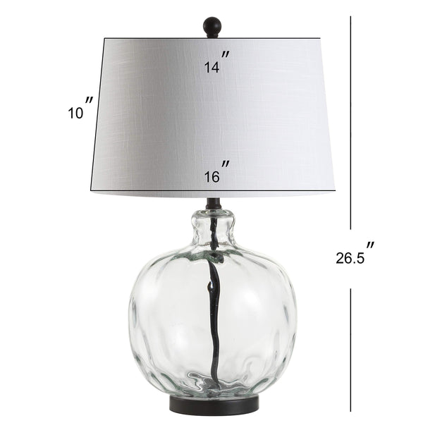 Clear Glass and Black Metal LED Table Lamp with White Linen Shade