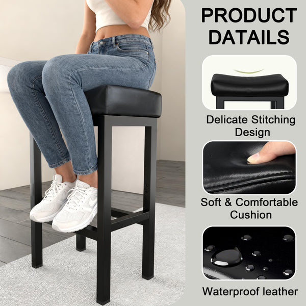 Bar Stools Set of 2, 24 Inch Counter Height Bar Stools for Kitchen Island, Faux Leather Upholstered Thick Saddle Seats & Heavy Duty Metal Base, Easy Assembly, Black