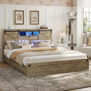 Farmhouse Bed Frame with Storage Headboard, LED Lights & Charging Station