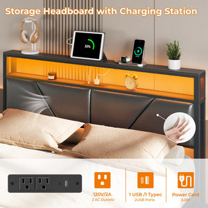 Queen & Full Platform Bed with Storage Headboard, LED Lights & Charging Station