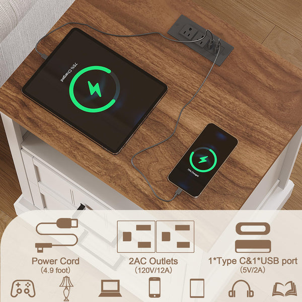 Farmhouse Nightstand Set of 2 with Charging Station & 2 Drawers