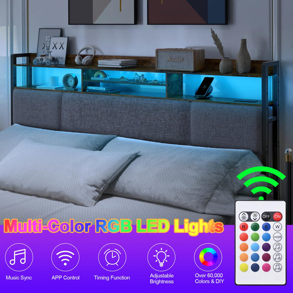 King Upholstered Headboard with LED Lights & Charging Station