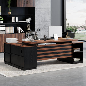 78-Inch L-Shaped Executive Desk with Power Outlet, Drawers & Storage Cabinet